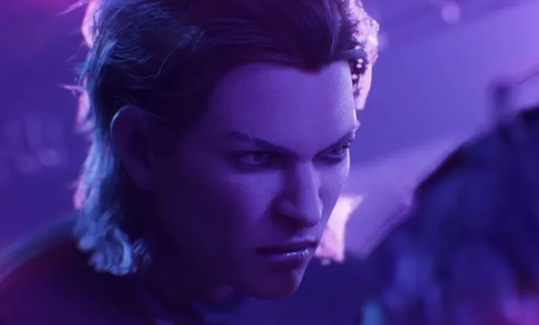 Close-up of a character's face with intense expression, bathed in purple light.