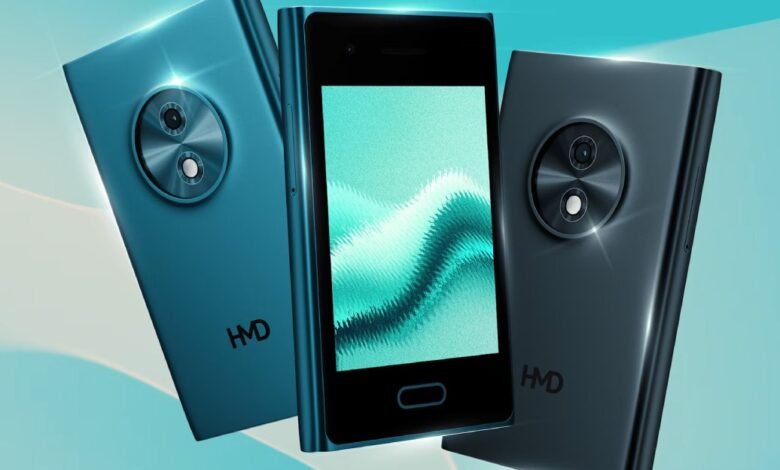 Two HMD smartphones in teal and dark blue, showcasing their circular camera modules and screens.