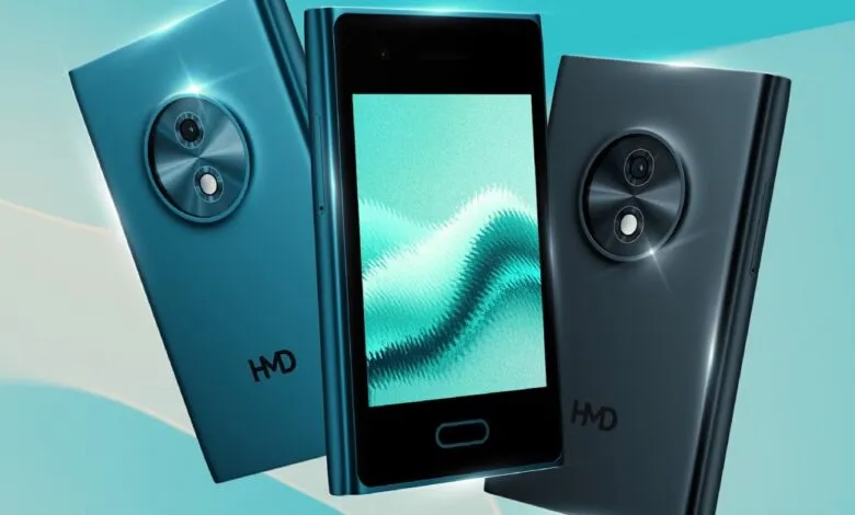 Two HMD smartphones in teal and dark blue, showcasing their circular camera modules and screens.