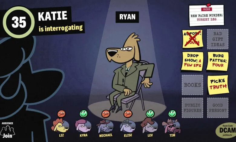Animated dog character in a suit being interrogated by Katie, with audience members and clues on display.