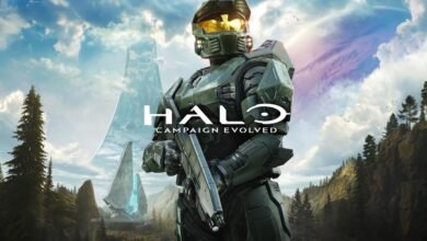 Master Chief in his iconic green armor holding a rifle, with a Halo ring in the background.