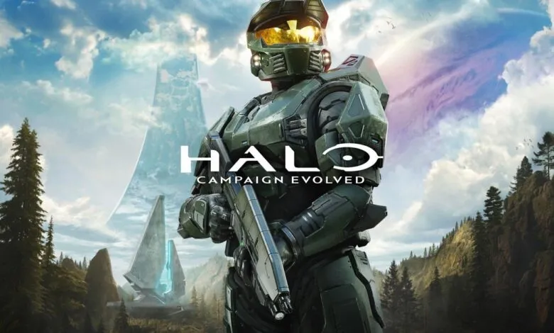 Master Chief in his iconic green armor holding a rifle, with a Halo ring in the background.