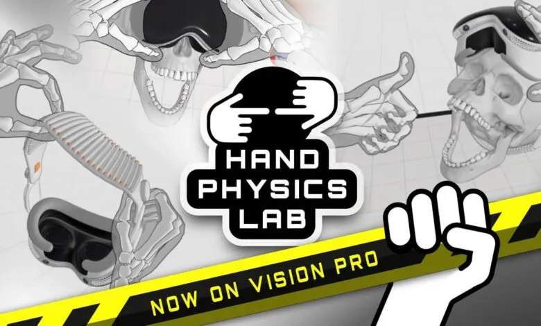Skeleton hands interacting with a VR headset and a skull, with the Hand Physics Lab logo.