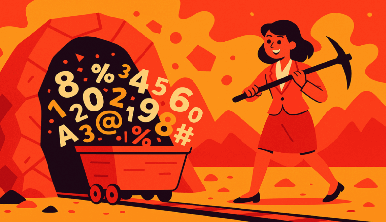 Woman in business attire mining data with a pickaxe in a stylized gold mine.