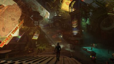 A lone figure walks through a dimly lit, dystopian city street with neon signs and industrial structures.