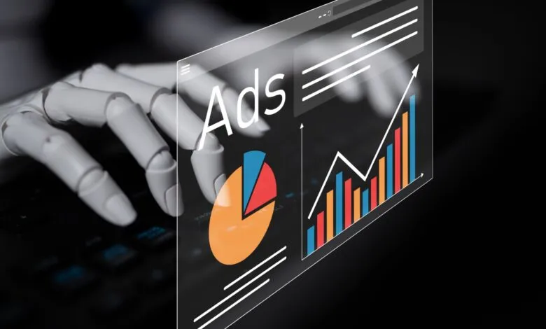 Robot hand typing on a keyboard with an AI-generated ad analytics dashboard overlay.