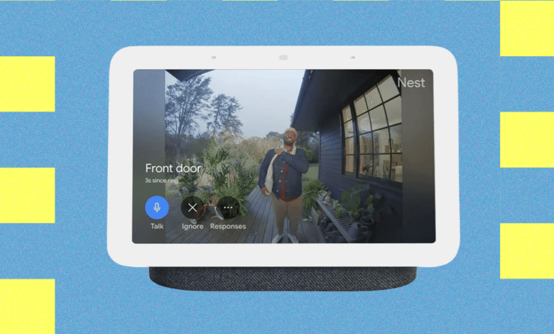 Google Nest Hub displaying a Nest Doorbell feed of a man at the front door.