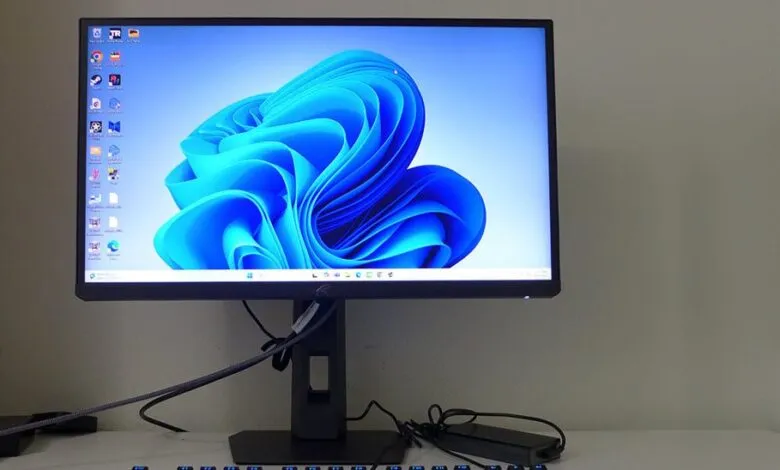 A computer monitor displaying the Windows 11 default wallpaper.