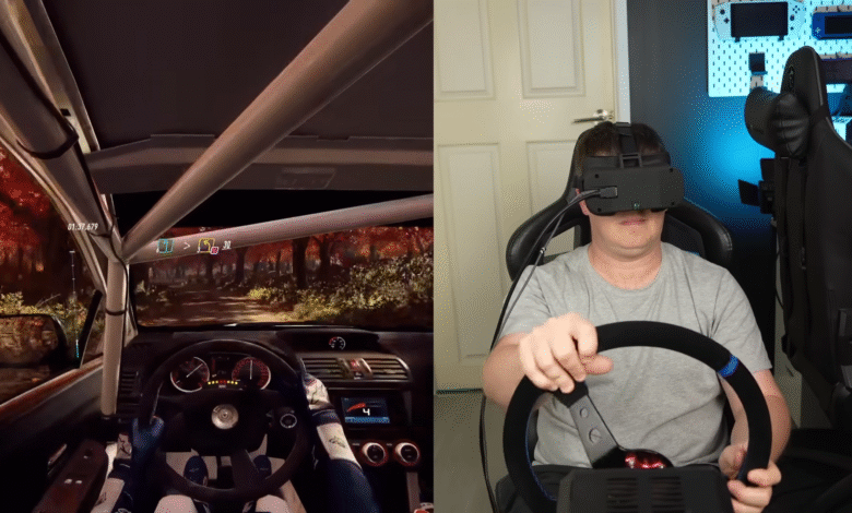 Man playing a VR racing game with a steering wheel and headset