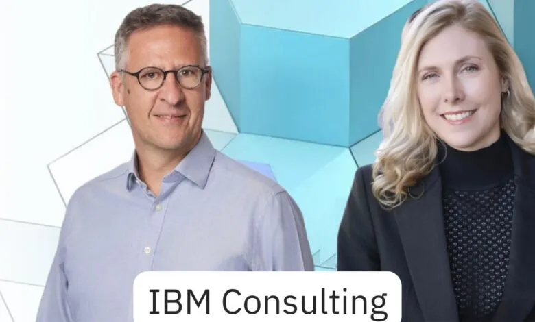 Man and woman smiling, with 'IBM Consulting' text overlay.