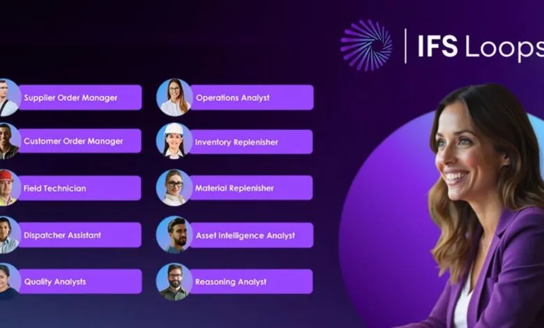 A smiling woman in a purple blazer next to a list of job titles and the IFS Loops logo.