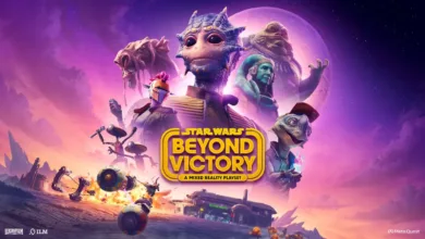 Star Wars Beyond Victory key art featuring alien characters and droids against a purple sky.