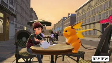 A young person sits at a cafe table with a Raichu, enjoying tea.