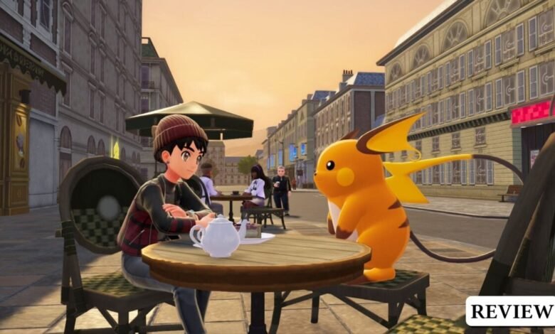 A young person sits at a cafe table with a Raichu, enjoying tea.