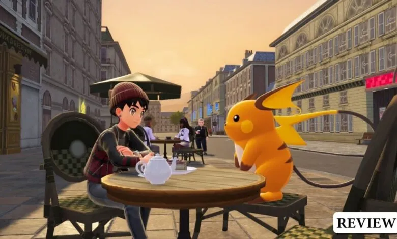 A young person sits at a cafe table with a Raichu, enjoying tea.