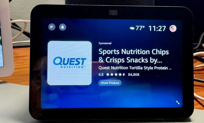 Smart display showing an advertisement for Quest Nutrition snacks.