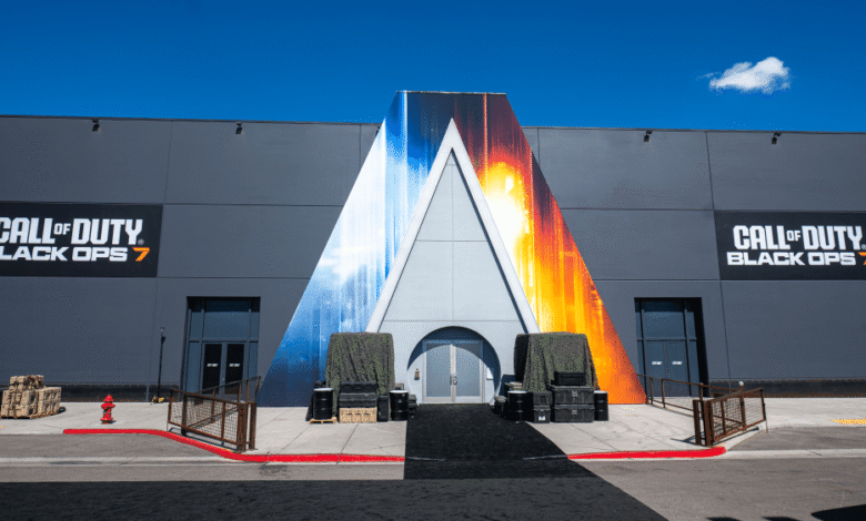 Call of Duty Black Ops 7 building entrance with fiery and icy graphics.