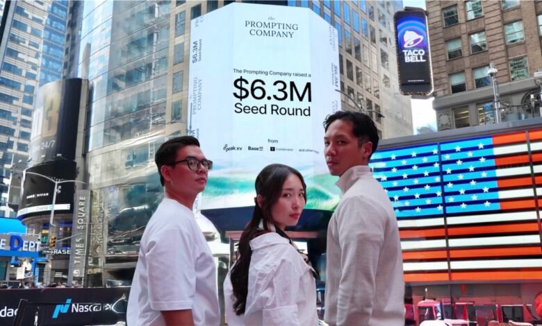 Three people stand in front of a large digital billboard announcing a $6.3M seed round for The Prompting Company.