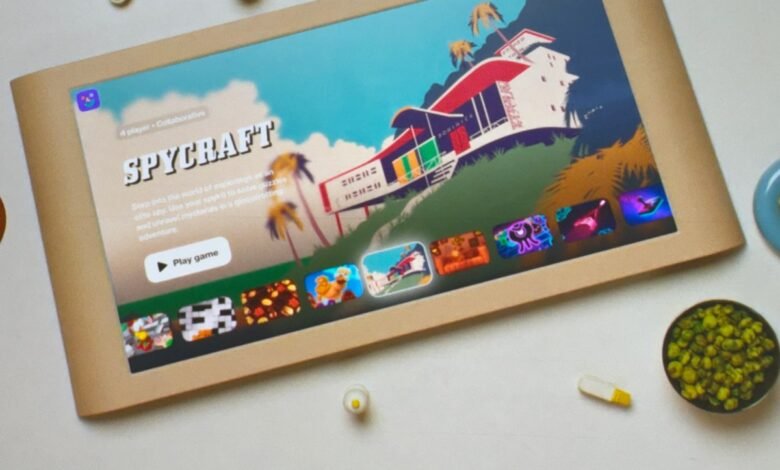 Tablet displaying the Spycraft game interface with a tropical villa background.
