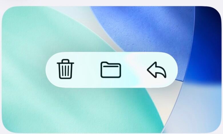 User interface icons for trash, folder, and undo actions on a blurred background.