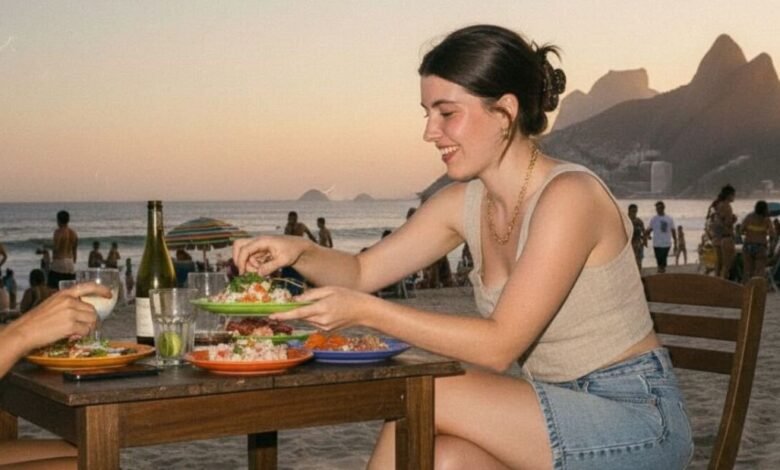 Two women enjoy a meal at a beachside table with mountains in the background.