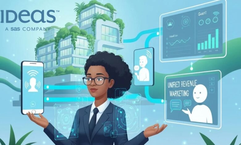 Woman in business suit interacting with holographic displays showing data and marketing concepts.