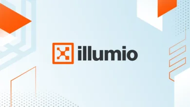 Illumio logo with abstract geometric background in orange and light blue.