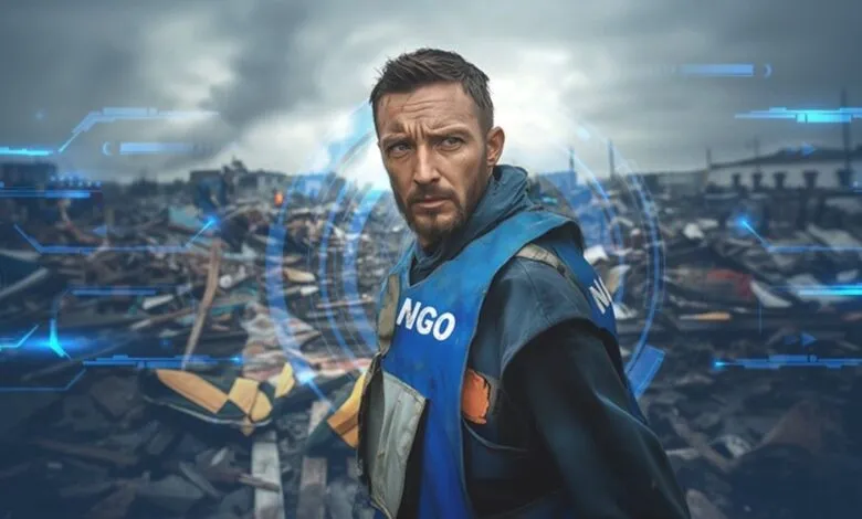 Man in NGO vest stands in a debris-filled landscape with futuristic HUD elements.