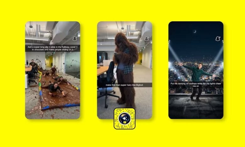 Three Snapchat stories showing humorous AI-generated scenarios: chocolate slip 'n slide, Bigfoot in an office, and rooftop dancing.