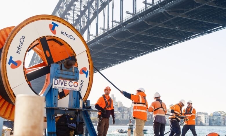Workers in orange vests near a large cable spool under a bridge.
