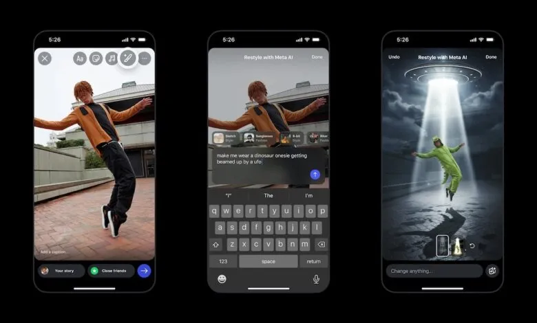 Screenshots showing Instagram Stories editing with Meta AI for image restyling.