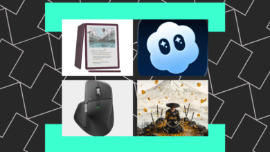 Collage of a digital notebook, a cloud icon, a computer mouse, and a samurai warrior.