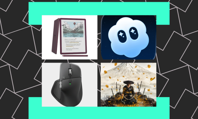Collage of a digital notebook, a cloud icon, a computer mouse, and a samurai warrior.