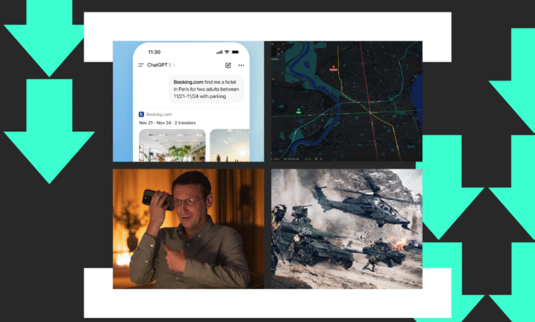 Collage of a ChatGPT booking interface, a digital map, a man using a phone, and a military combat scene.