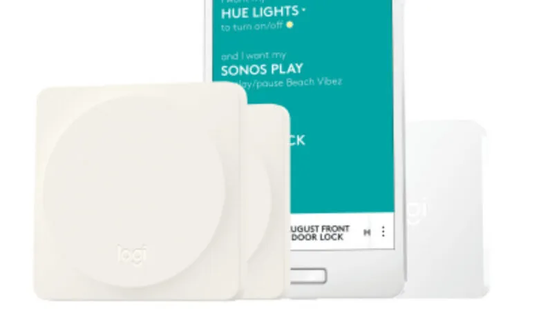 Logi smart home devices including a circular button, a smartphone displaying smart home controls, and a door lock.