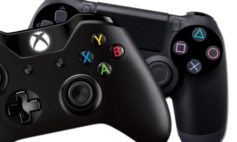 Two black video game controllers, an Xbox and a PlayStation controller, side-by-side.