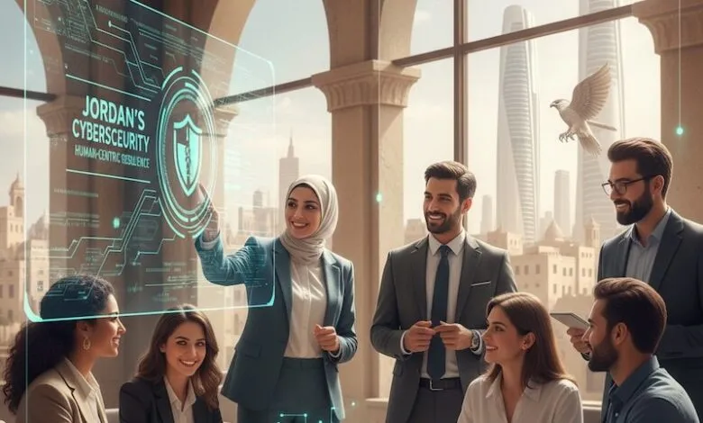 Team collaborating on a cybersecurity presentation with a holographic display.