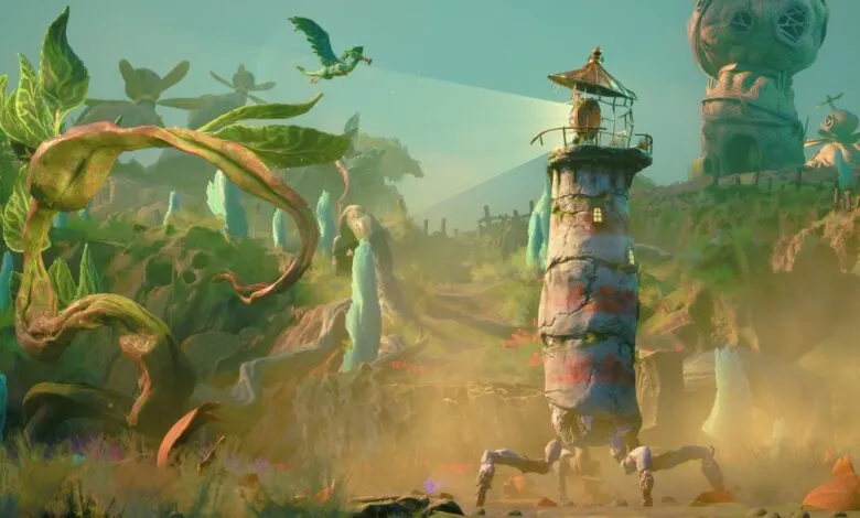 Whimsical lighthouse with spider-like legs in a surreal, alien landscape.