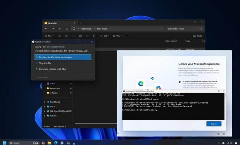 Windows 11 file explorer showing a 'Replace or Skip Files' prompt.