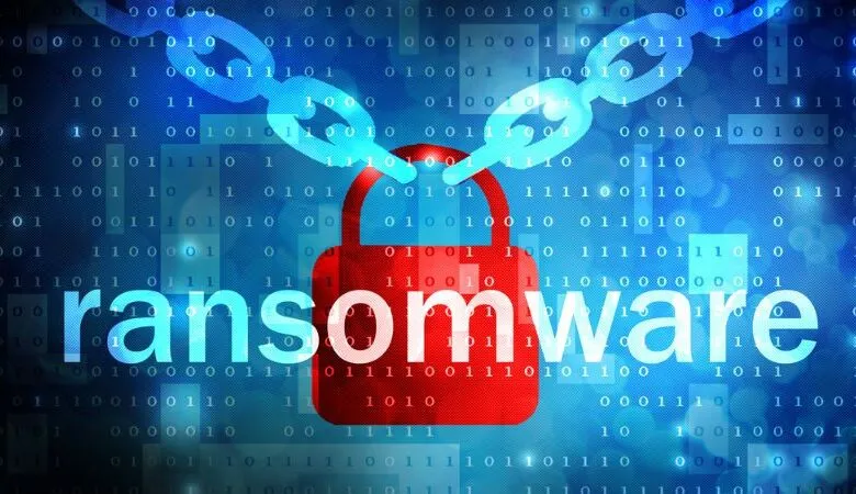 Red padlock and chain over a blue background with binary code, symbolizing ransomware.