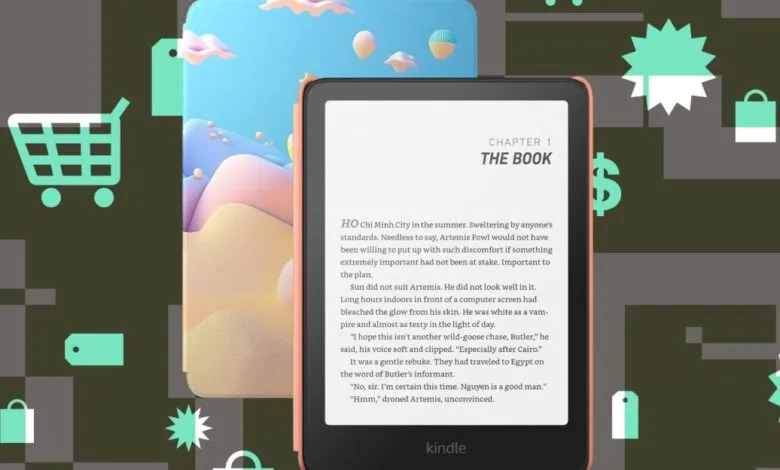 A Kindle Paperwhite e-reader displaying a book chapter, surrounded by shopping icons and dollar signs.