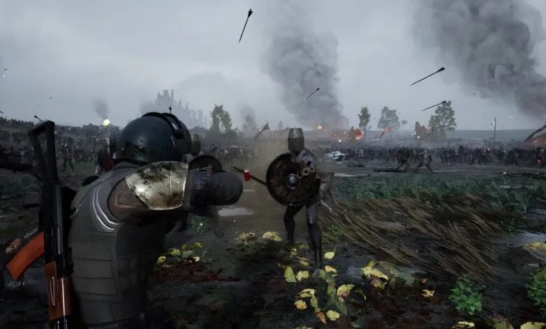 A chaotic medieval battle scene with soldiers in armor clashing, arrows flying, and smoke rising.