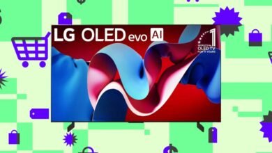 LG OLED evo AI TV with shopping icons and sale tags on a light green background.