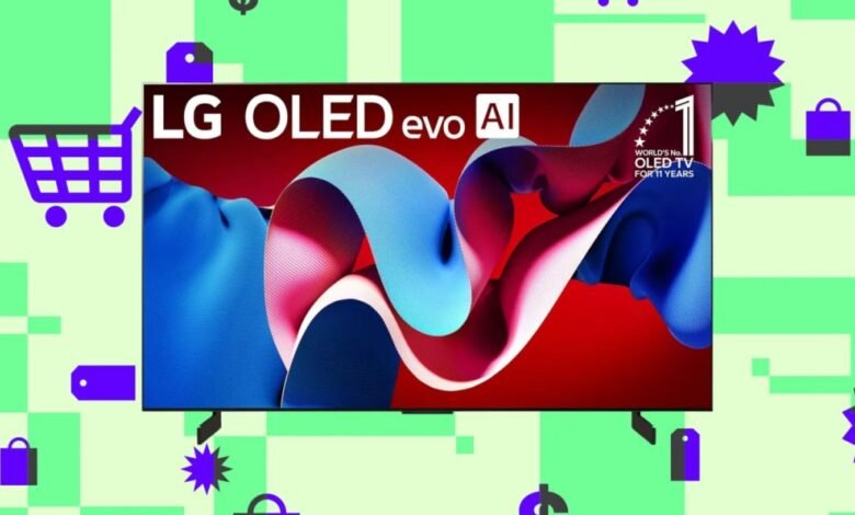 LG OLED evo AI TV with shopping icons and sale tags on a light green background.