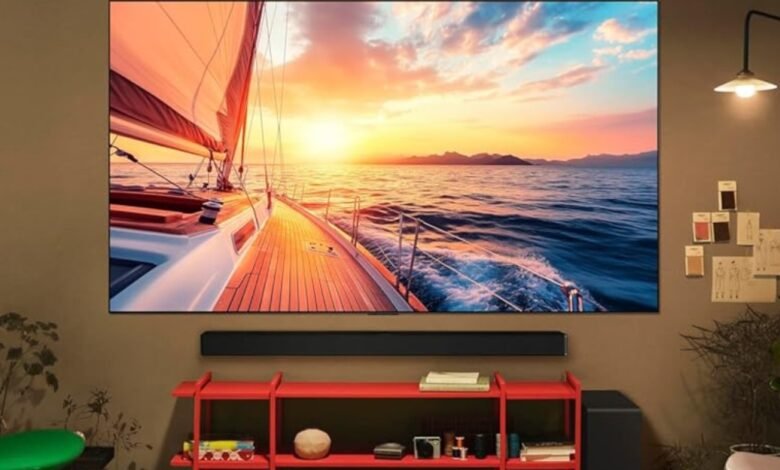 A large OLED TV displays a sailboat on the ocean at sunset.