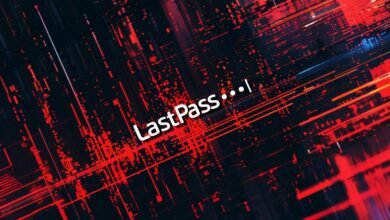 LastPass logo against a dark, abstract digital background with red lines and glowing particles.