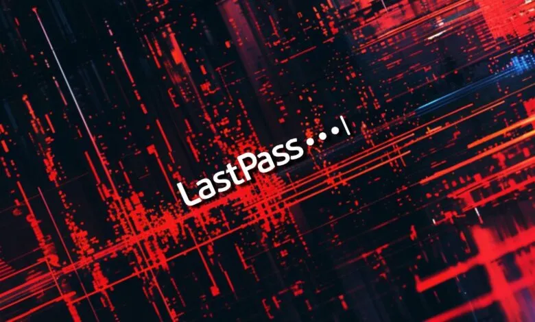 LastPass logo against a dark, abstract digital background with red lines and glowing particles.