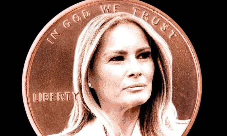 Close-up of Melania Trump's face superimposed on a penny coin.