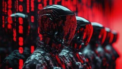 Row of futuristic soldiers with helmets displaying red digital code.