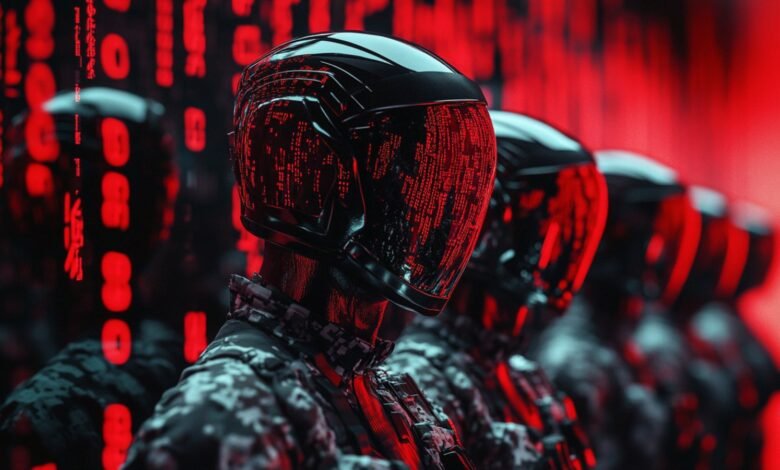 Row of futuristic soldiers with helmets displaying red digital code.